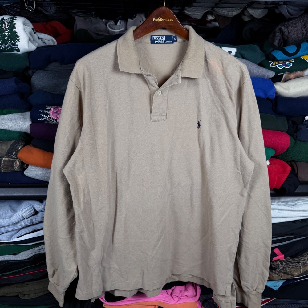 Polo Ralph Lauren Rugby‎ Mens Large Tan Long Sleeve Polo Shirt Beige 90s Vintage